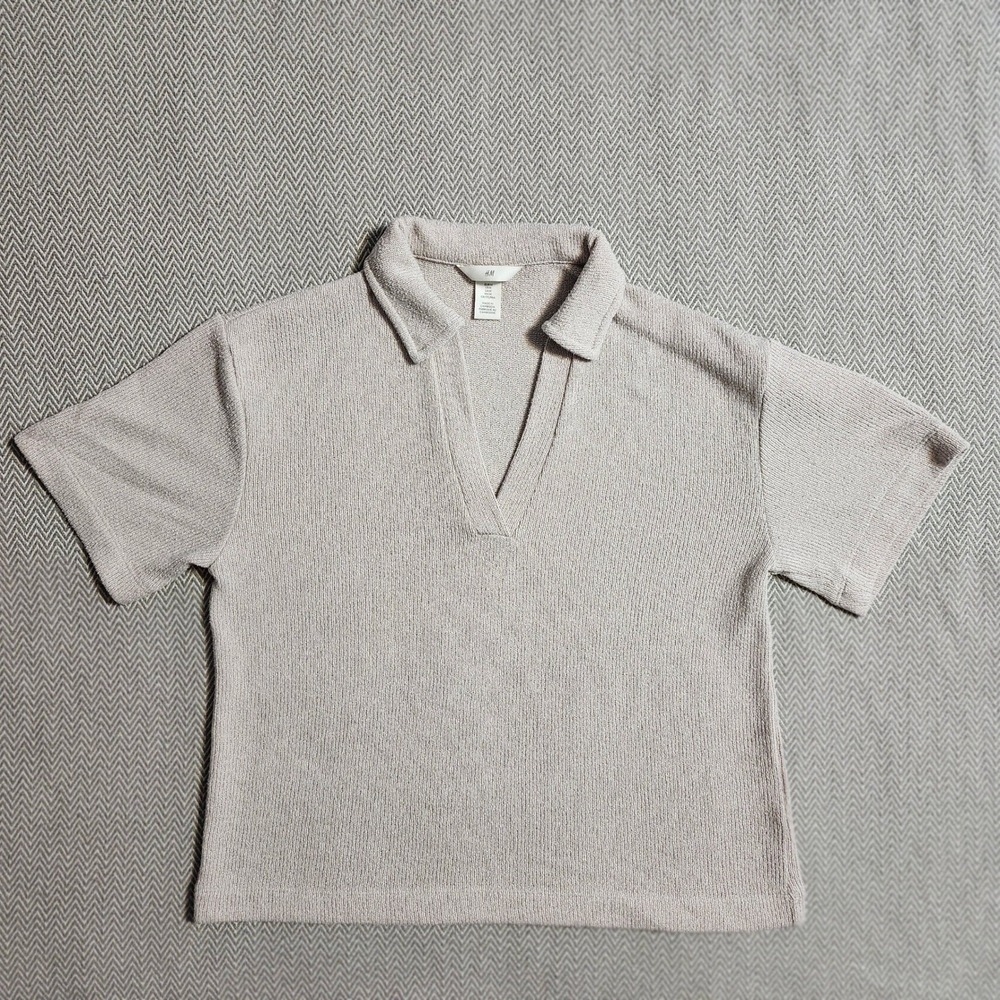 HM Mens Beige Knit Polo Shirt Short Sleeve V-Neck Sweater Size Medium 491927